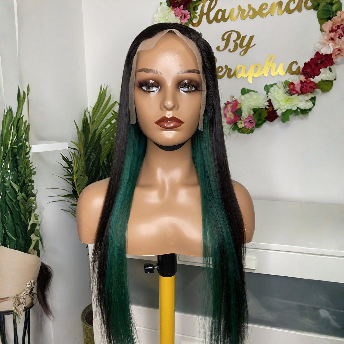 26 Inch Straight Human Hair Lace Front Wig with Green Highlights