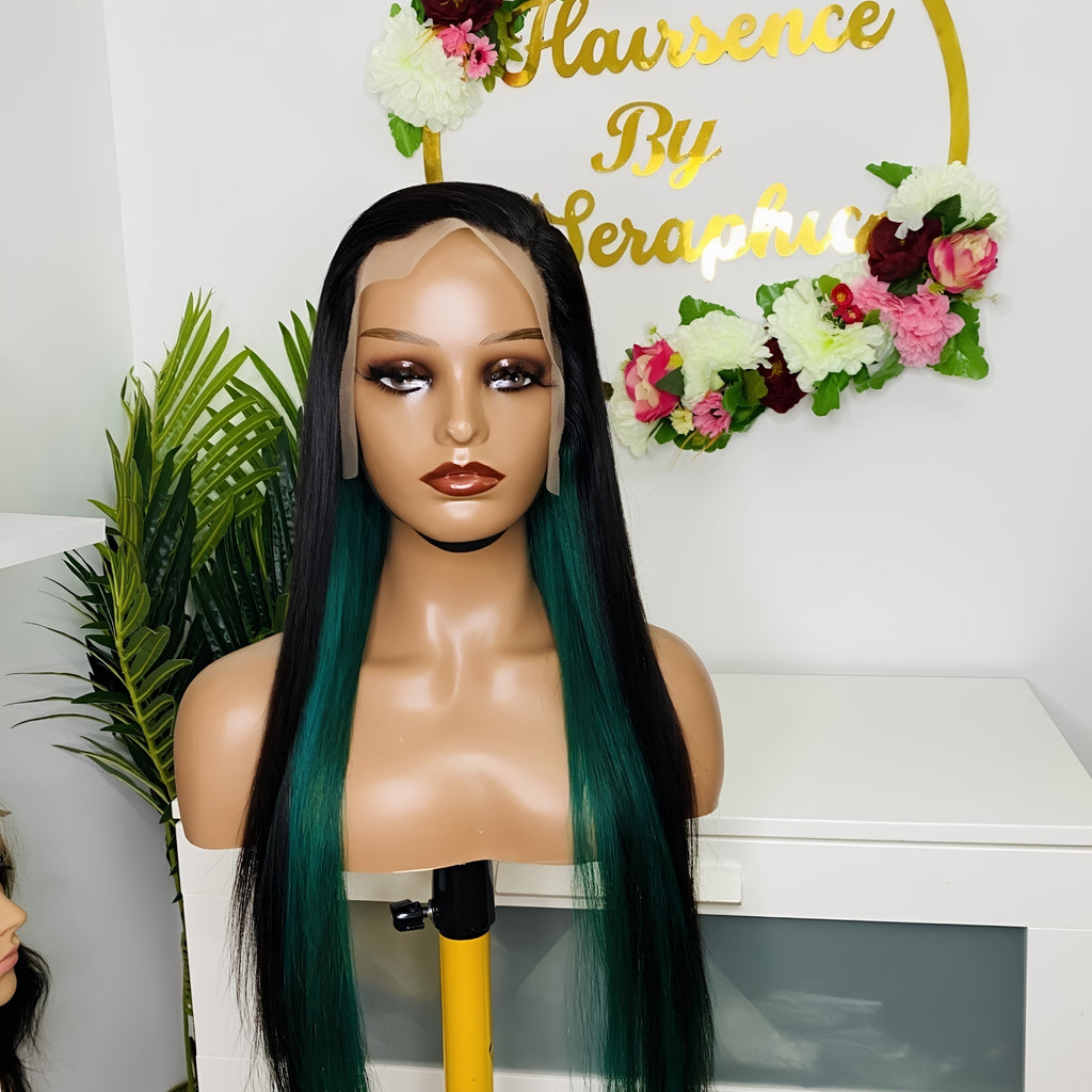 26 Inch Straight Human Hair Lace Front Wig with Green Highlights