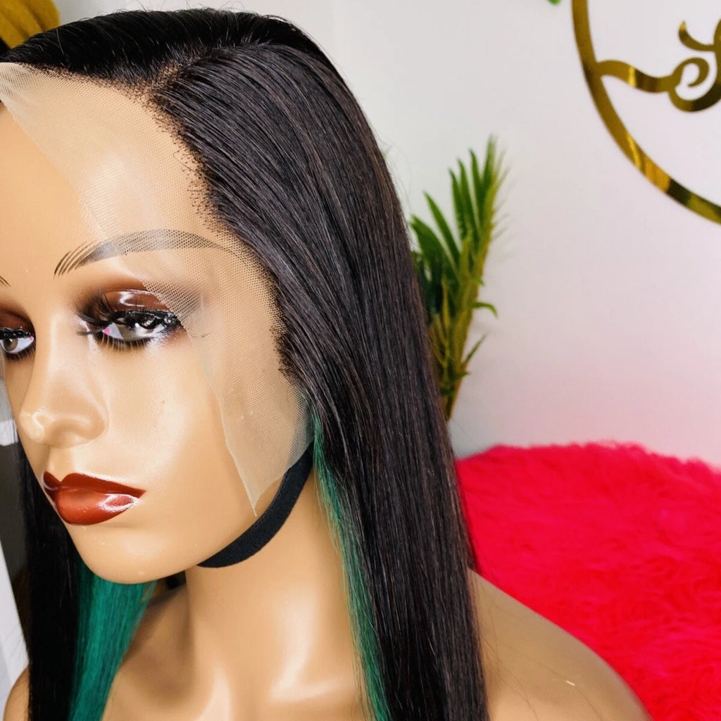 26 Inch Straight Human Hair Lace Front Wig with Green Highlights