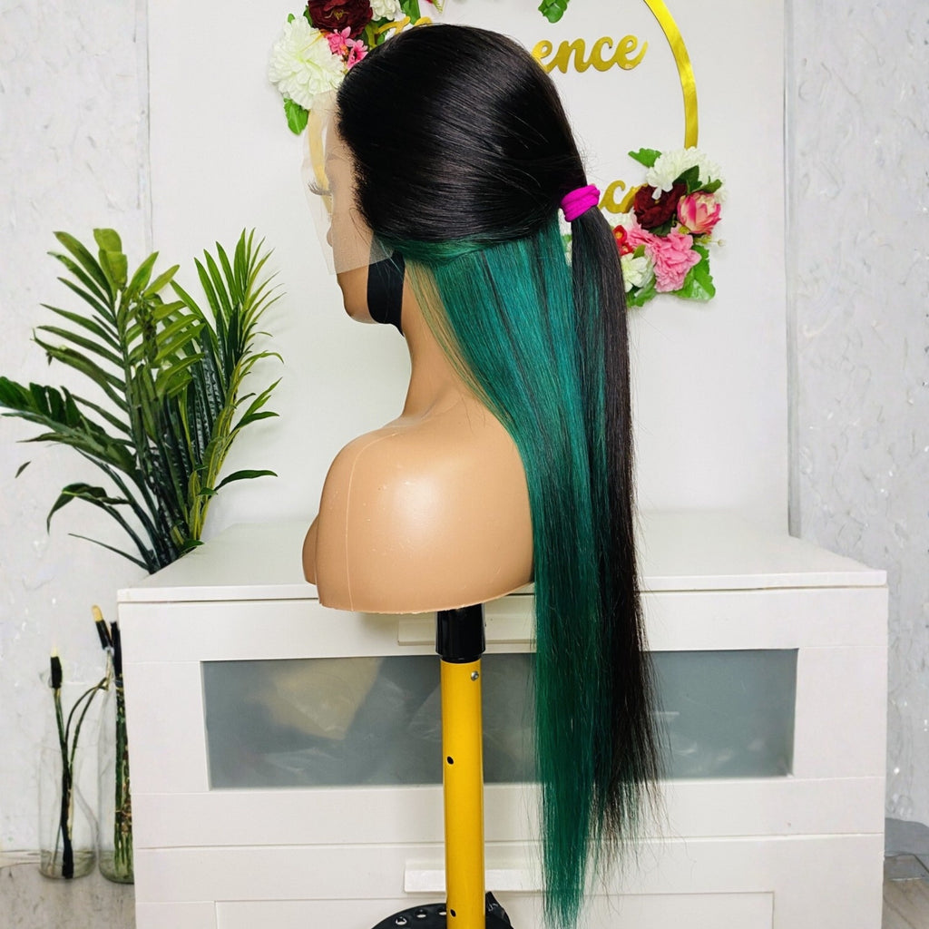 26 Inch Straight Human Hair Lace Front Wig with Green Highlights