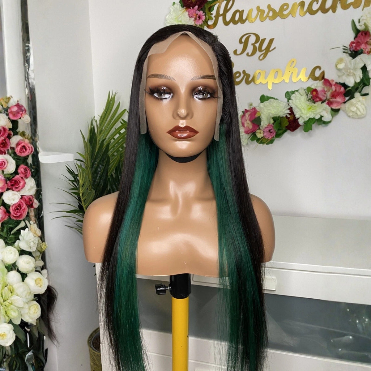 26 Inch Straight Human Hair Lace Front Wig with Green Highlights