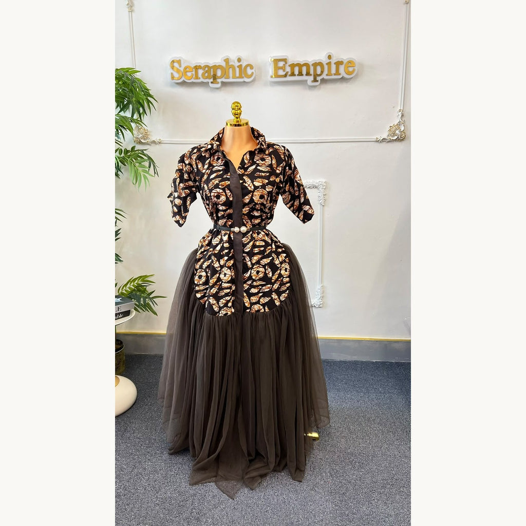 Ankara Tulle Empress Mocha & Black shirt-style dress and flowing black tulle skirt, alternate view
