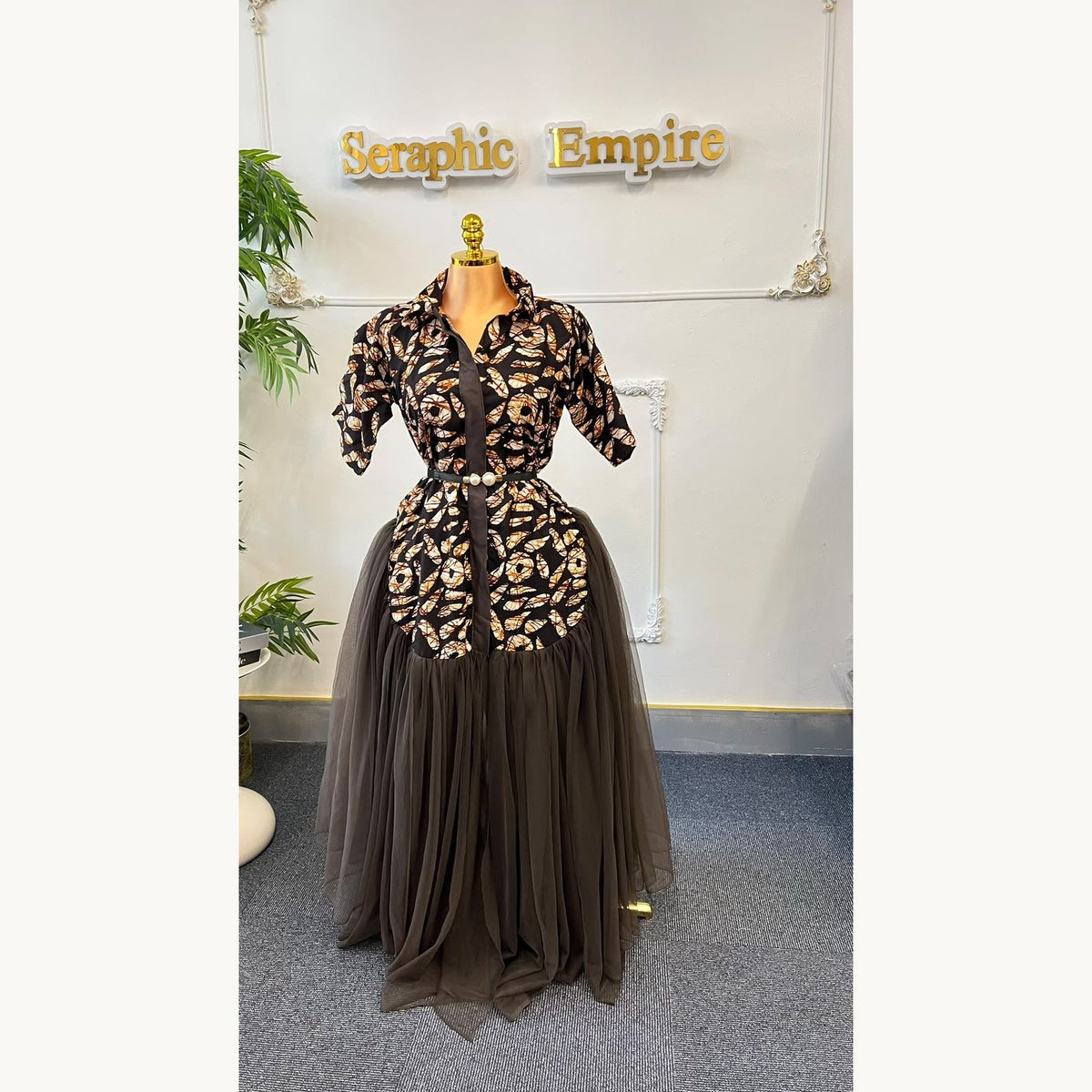 Ankara Tulle Empress Mocha & Black shirt-style dress and flowing black tulle skirt, front view