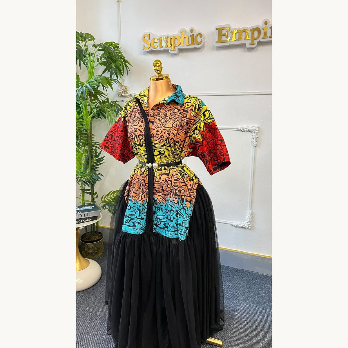 Ankara Tulle Empress Vibrant Multicolour & Black shirt-style dress and flowing black tulle skirt, alternate view