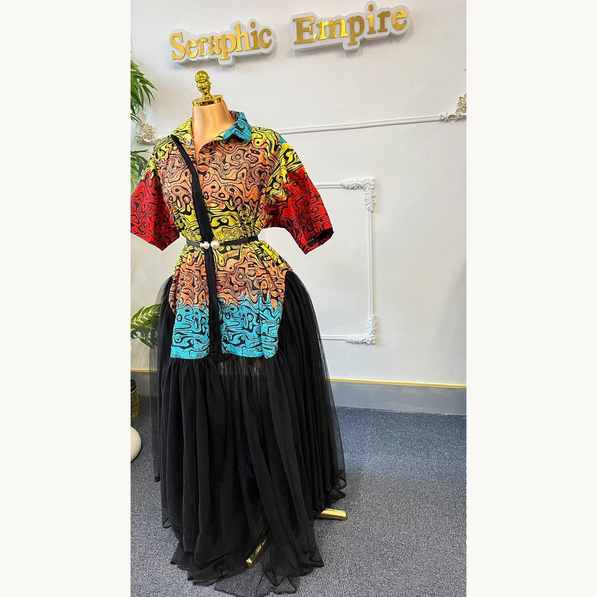 Ankara Tulle Empress Vibrant Multicolour & Black shirt-style dress and flowing black tulle skirt, front view