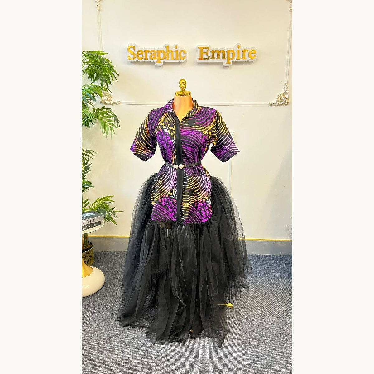 Ankara Tulle Empress Royal Purple & Black shirt-style dress and flowing black tulle skirt, alternate view