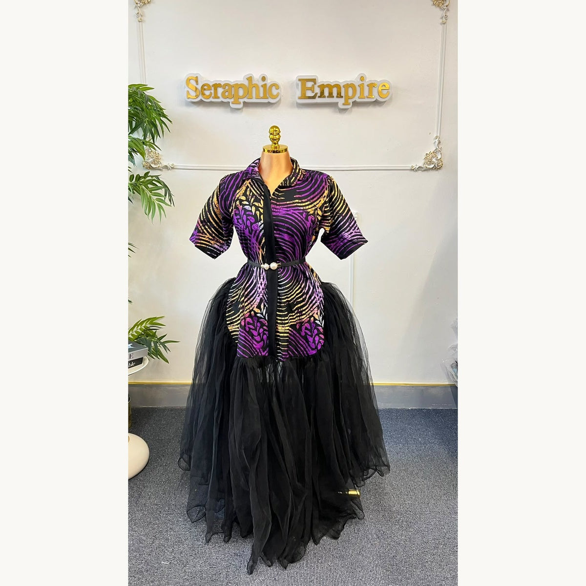 Ankara Tulle Empress Royal Purple & Black shirt-style dress and flowing black tulle skirt, front view