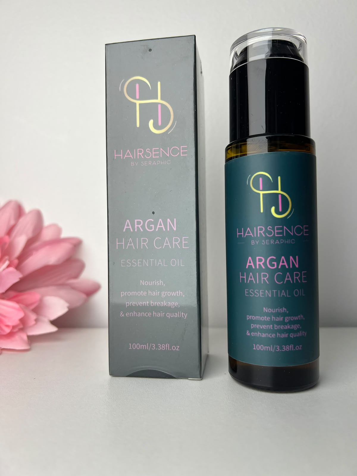 HAIRSENCE Argan Hair Care Oil 100ml pump bottle beside matching product box