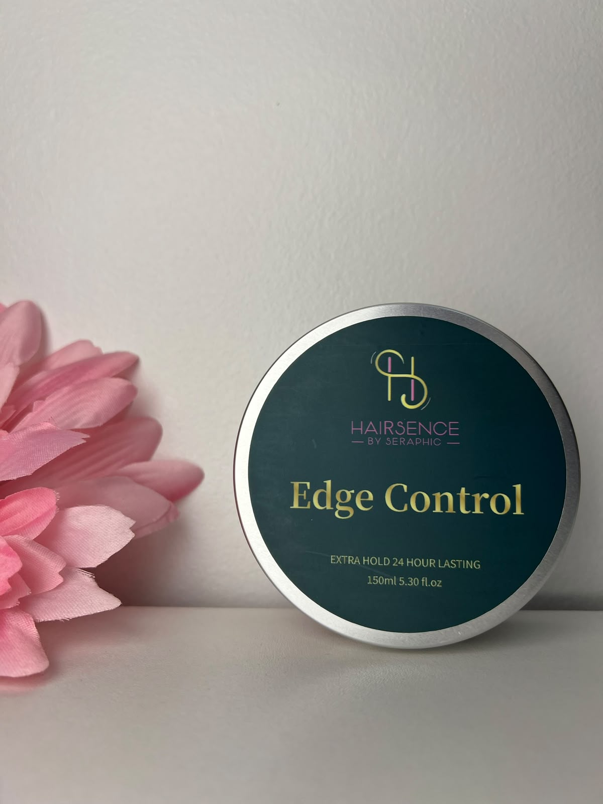 HAIRSENCE Edge Control 150ml round silver tin with dark green and gold label
