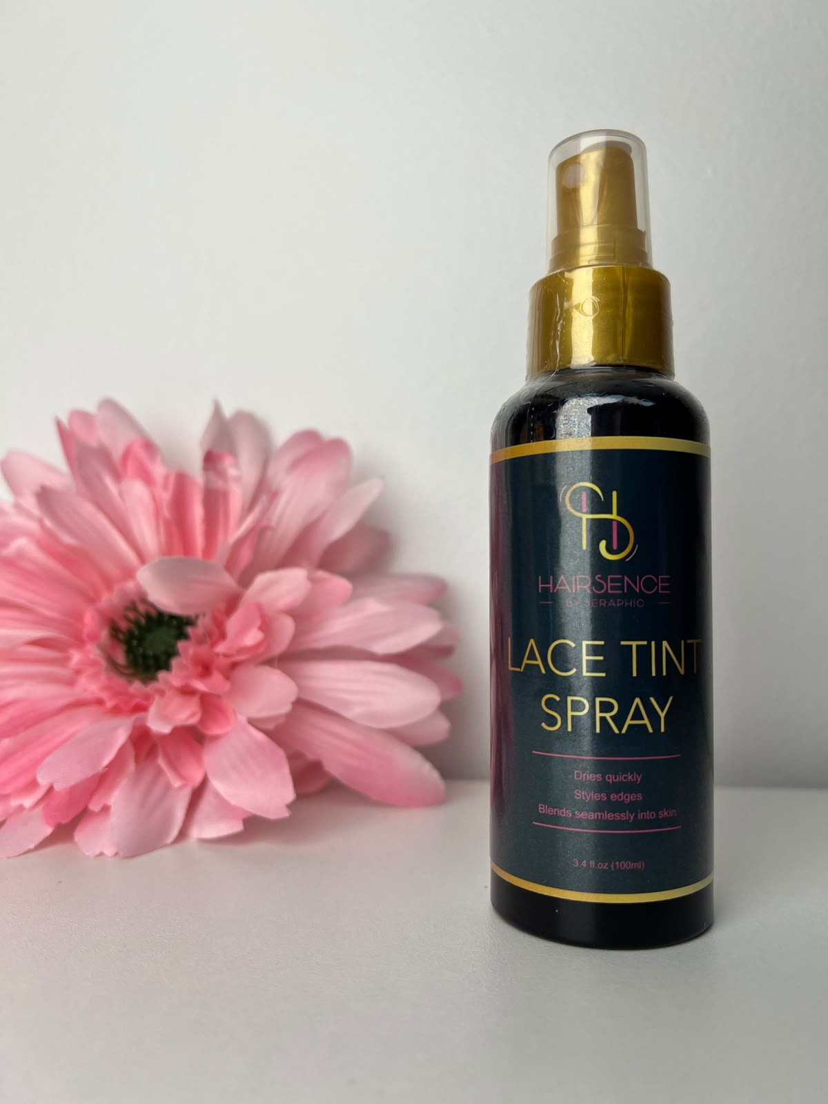 HAIRSENCE Lace Tint Spray 100ml black bottle with gold spray pump