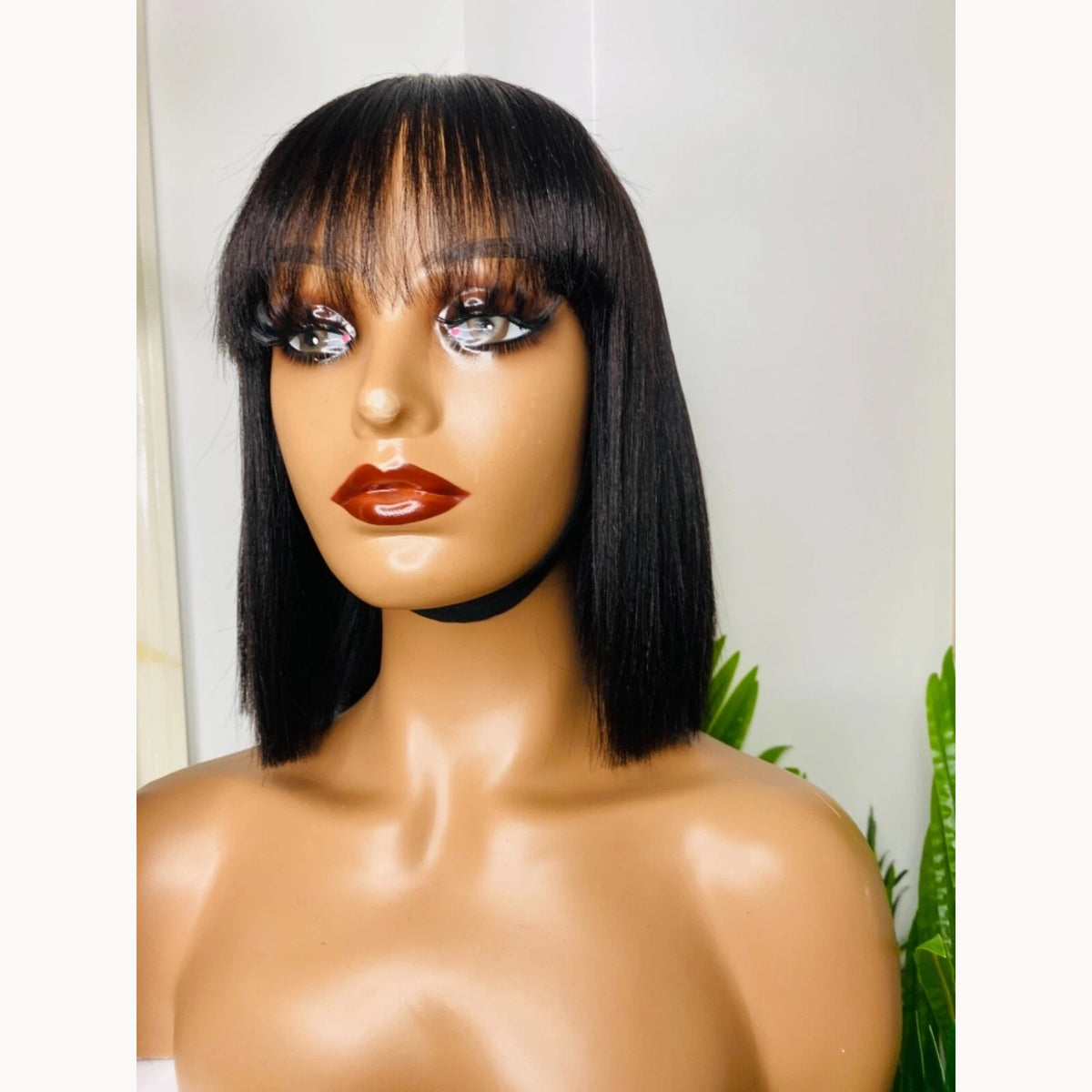 Seraphic Empire 26cm black human hair fringe wig on mannequin, front view