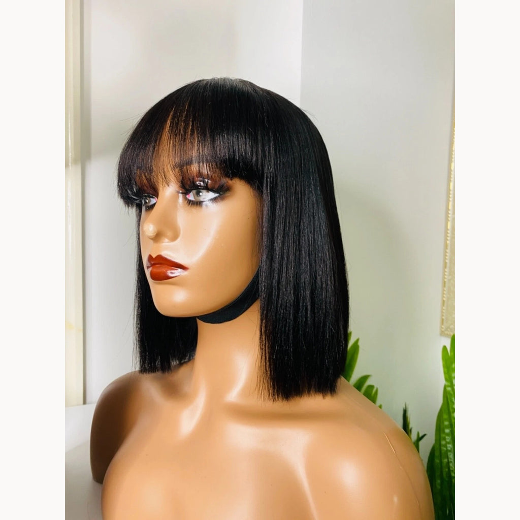 Seraphic Empire short straight black Yaki fringe wig on mannequin, angled view