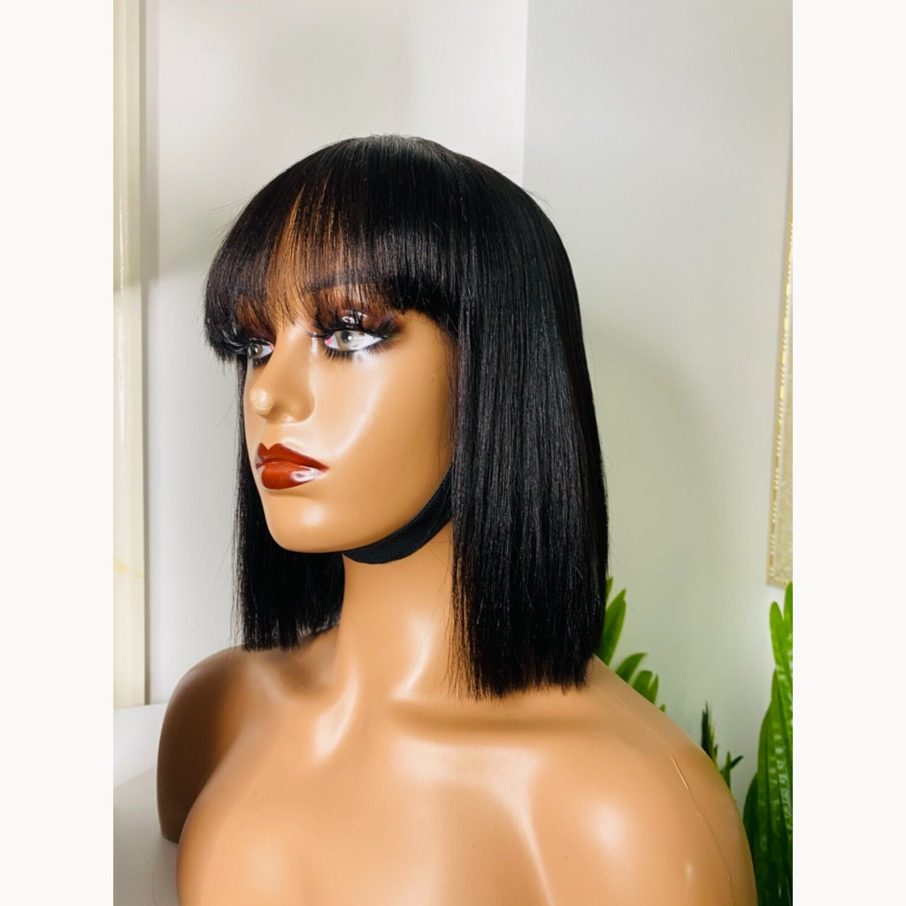 Seraphic Empire black straight fringe wig on mannequin, side angle