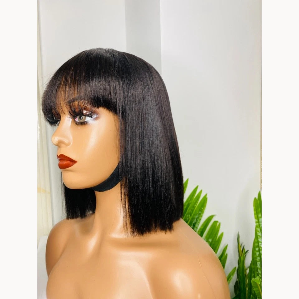 Seraphic Empire black Yaki fringe bob wig on mannequin, side profile