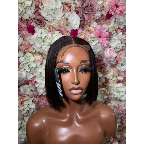 8 inch short straight dark human hair lace front bob wig front view