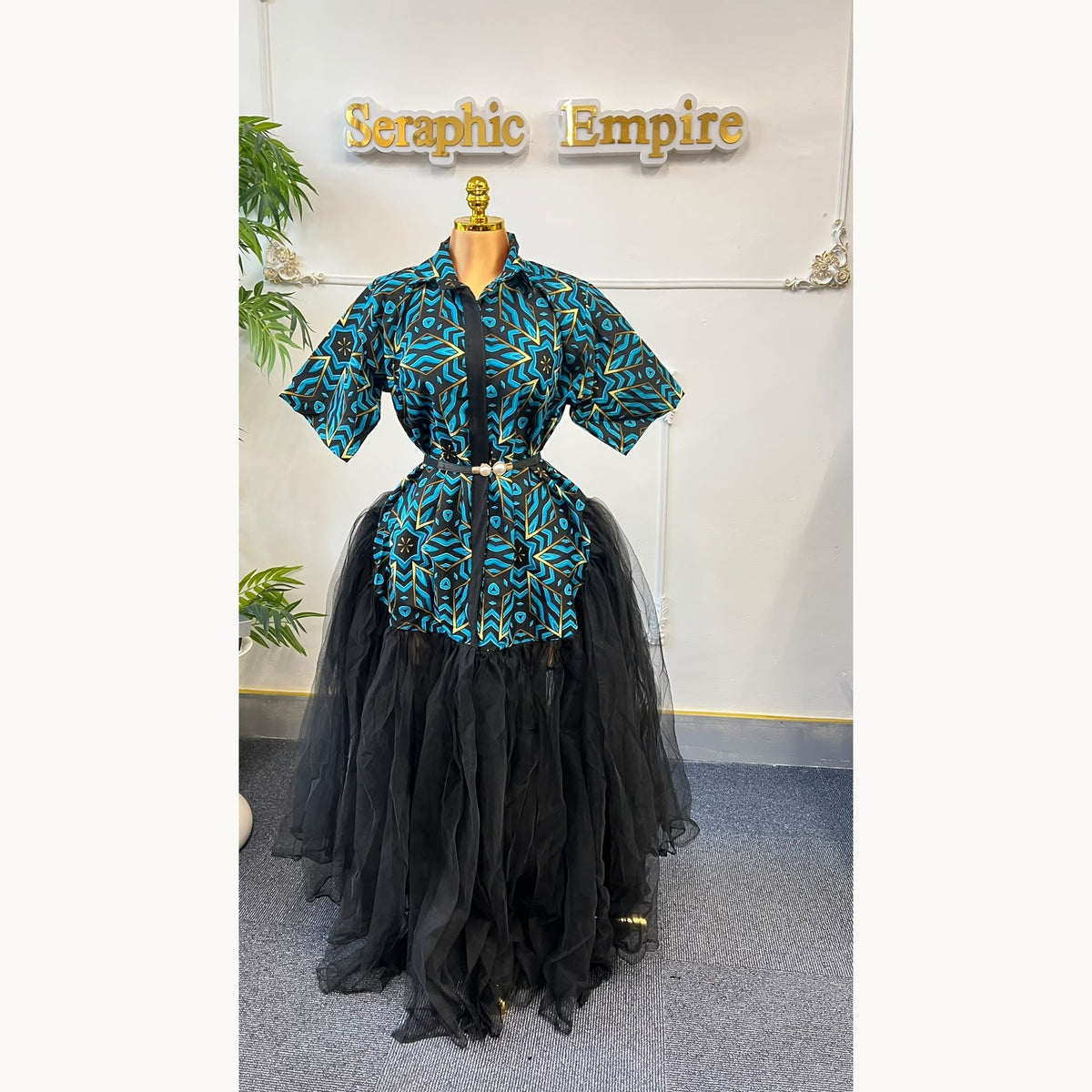 Blue and black Ankara Tulle Empress outfit detail