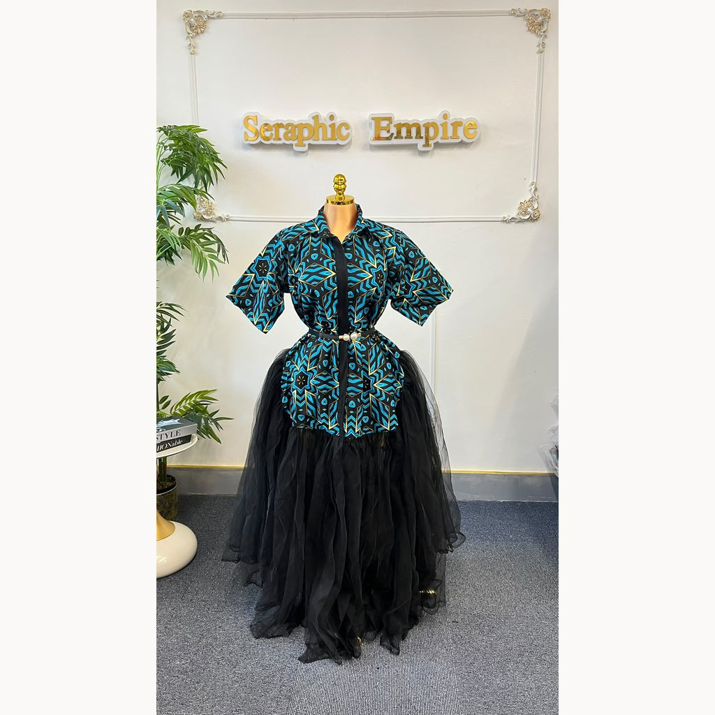 Blue geometric Ankara shirt dress with black tulle skirt
