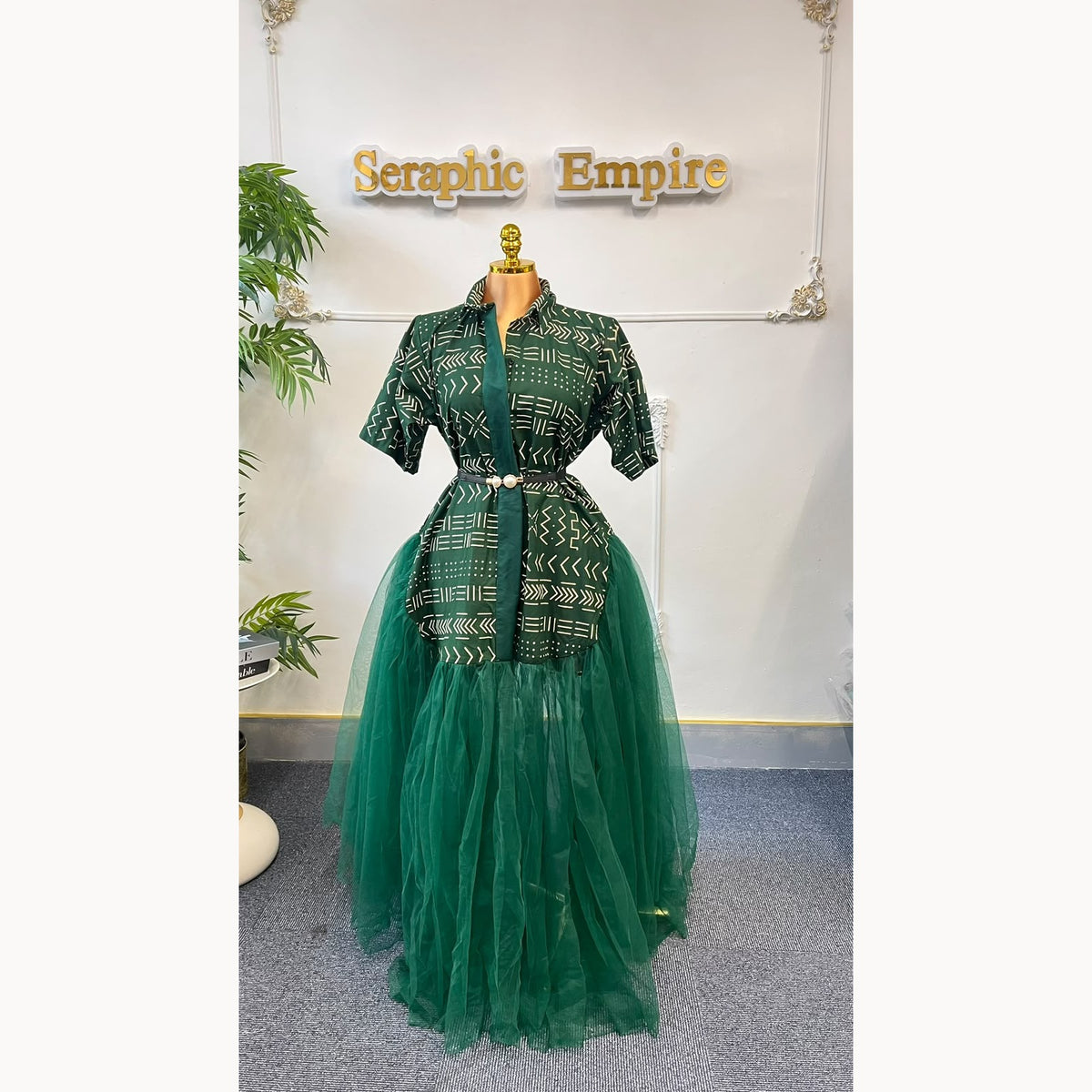 Forest green Ankara shirt dress with matching green tulle skirt