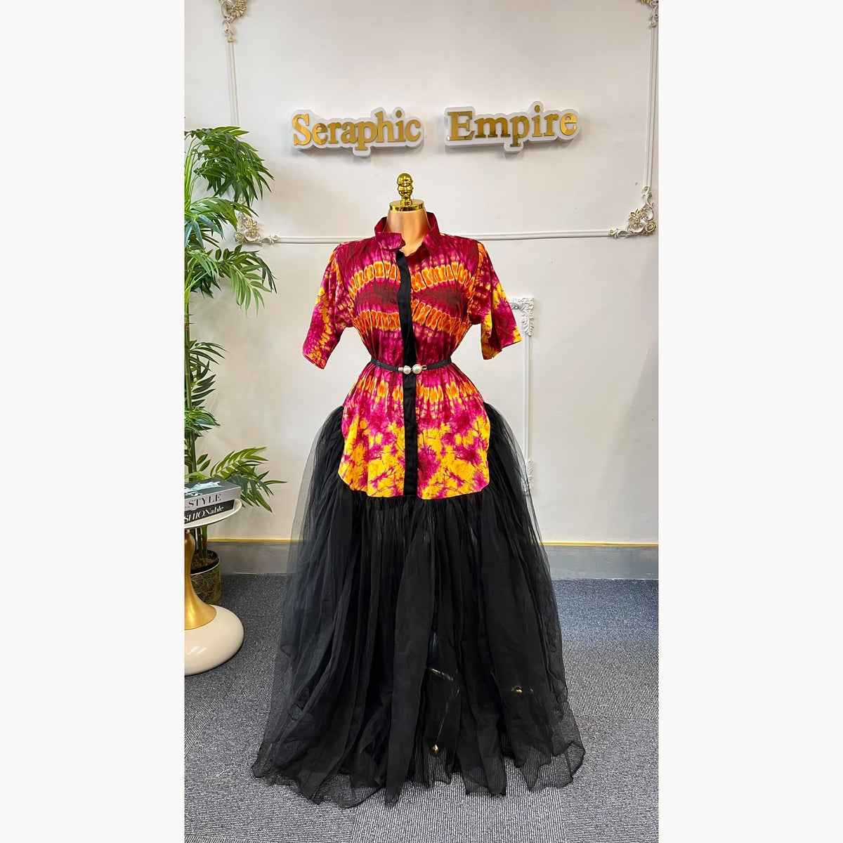 Pink and yellow Ankara shirt dress with black tulle skirt