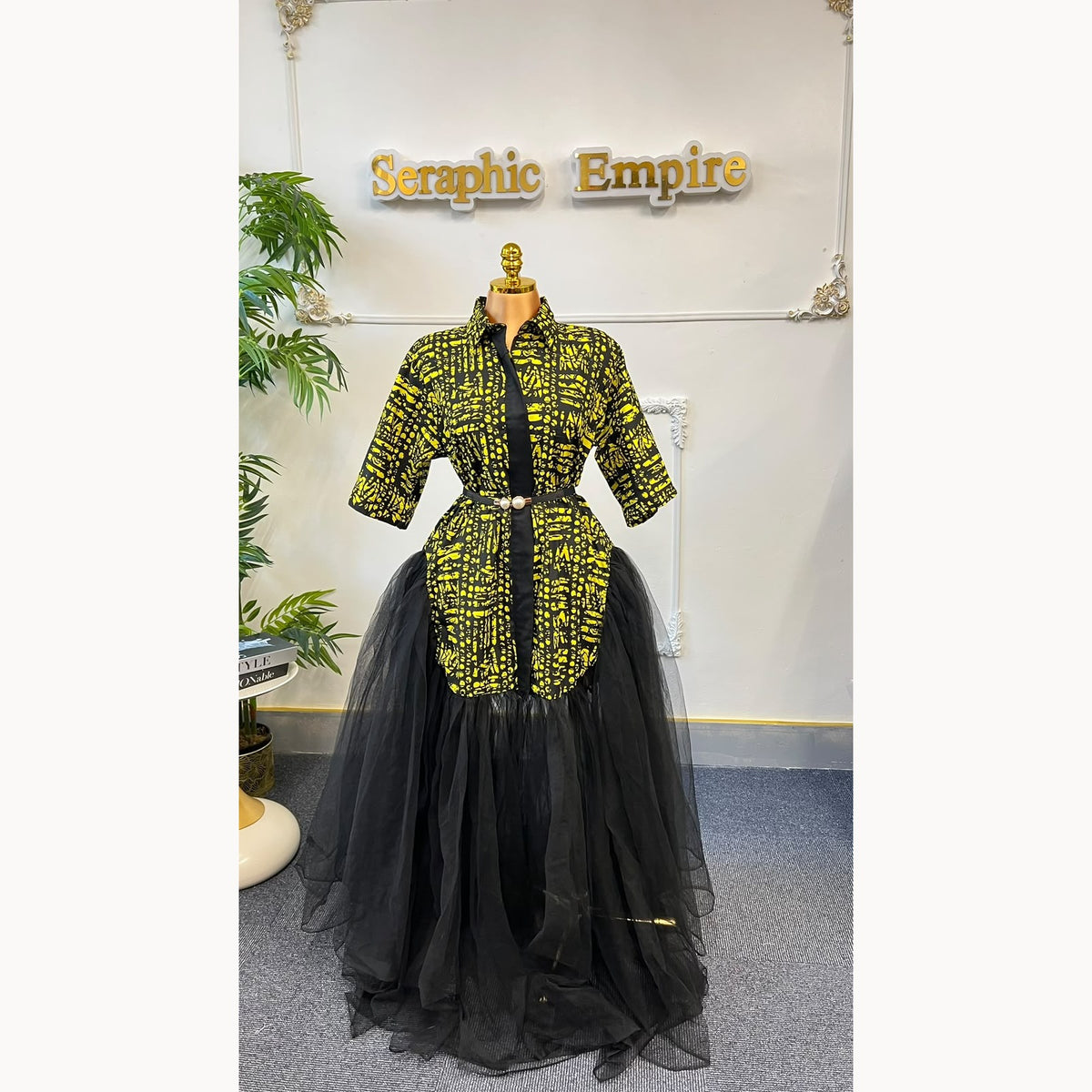 Yellow and black Ankara shirt dress with black tulle skirt